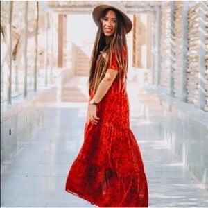 ZARA Dress Red Black Floral Print Smocked Tiered Maxi